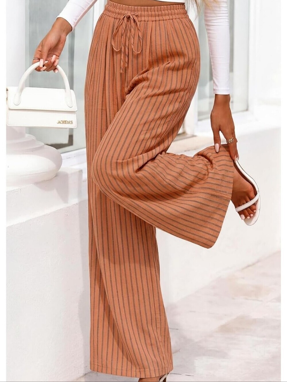 Wide Leg Drawstring Pants in Rust Stripe